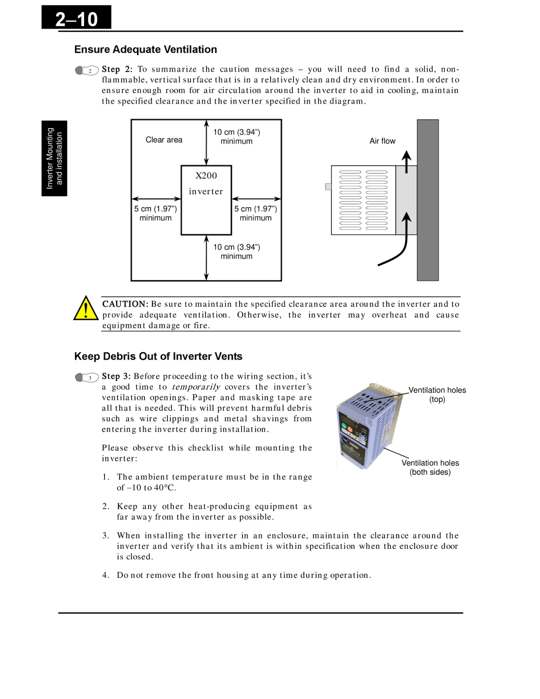 Hitachi X200 Series instruction manual Ensure Adequate Ventilation, Keep Debris Out of Inverter Vents 