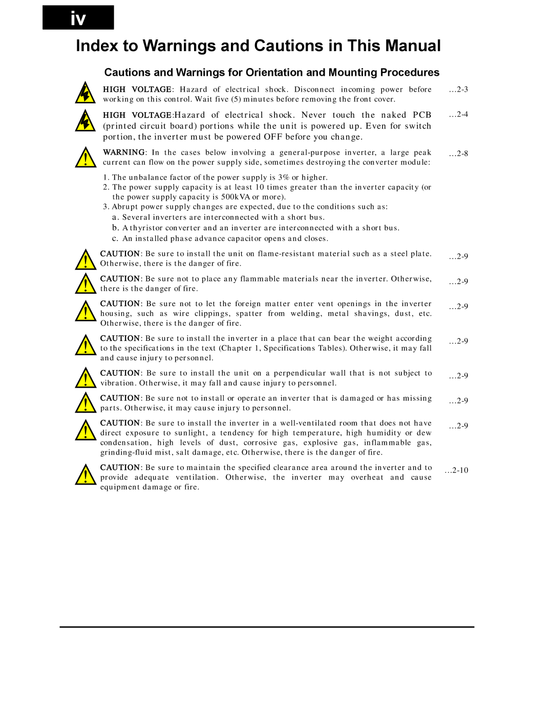 Hitachi X200 Series instruction manual Index to Warnings and Cautions in This Manual 