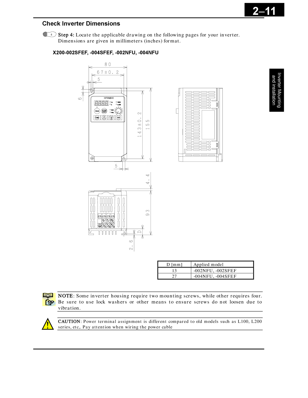 Hitachi X200 Series instruction manual 11, Check Inverter Dimensions 