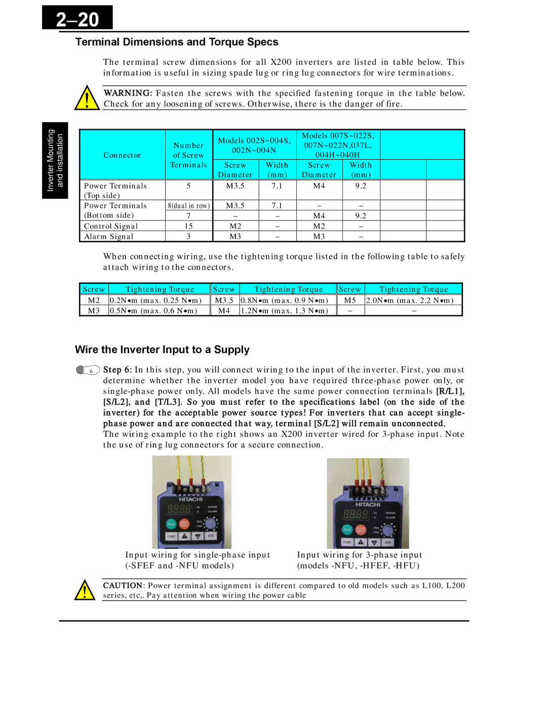 Hitachi X200 Series instruction manual Terminal Dimensions and Torque Specs, Wire the Inverter Input to a Supply 