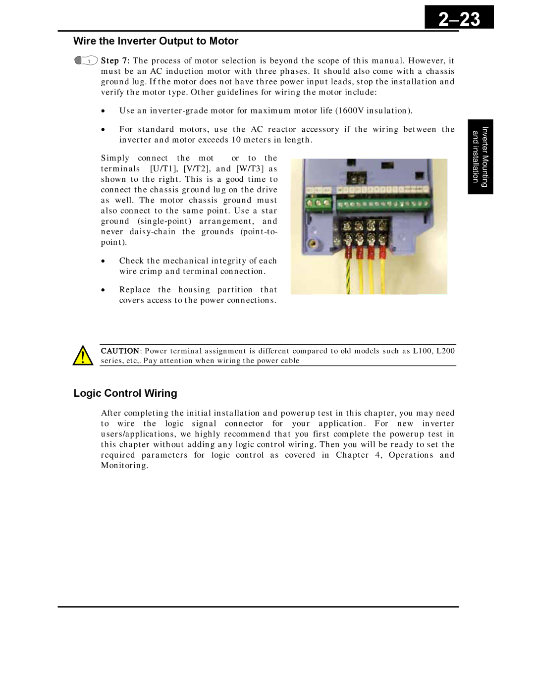 Hitachi X200 Series instruction manual 23, Wire the Inverter Output to Motor, Logic Control Wiring 