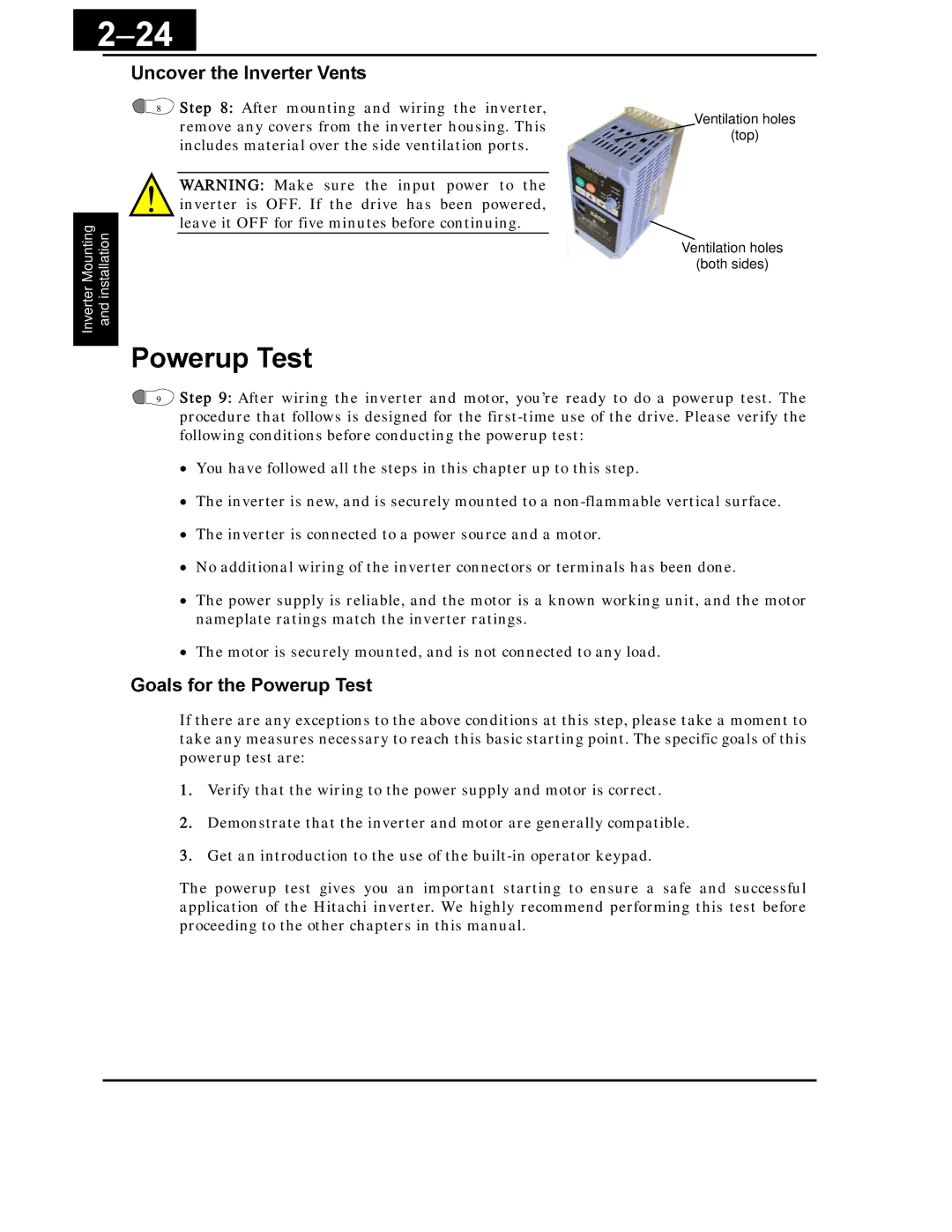 Hitachi X200 Series instruction manual 24, Uncover the Inverter Vents, Goals for the Powerup Test 