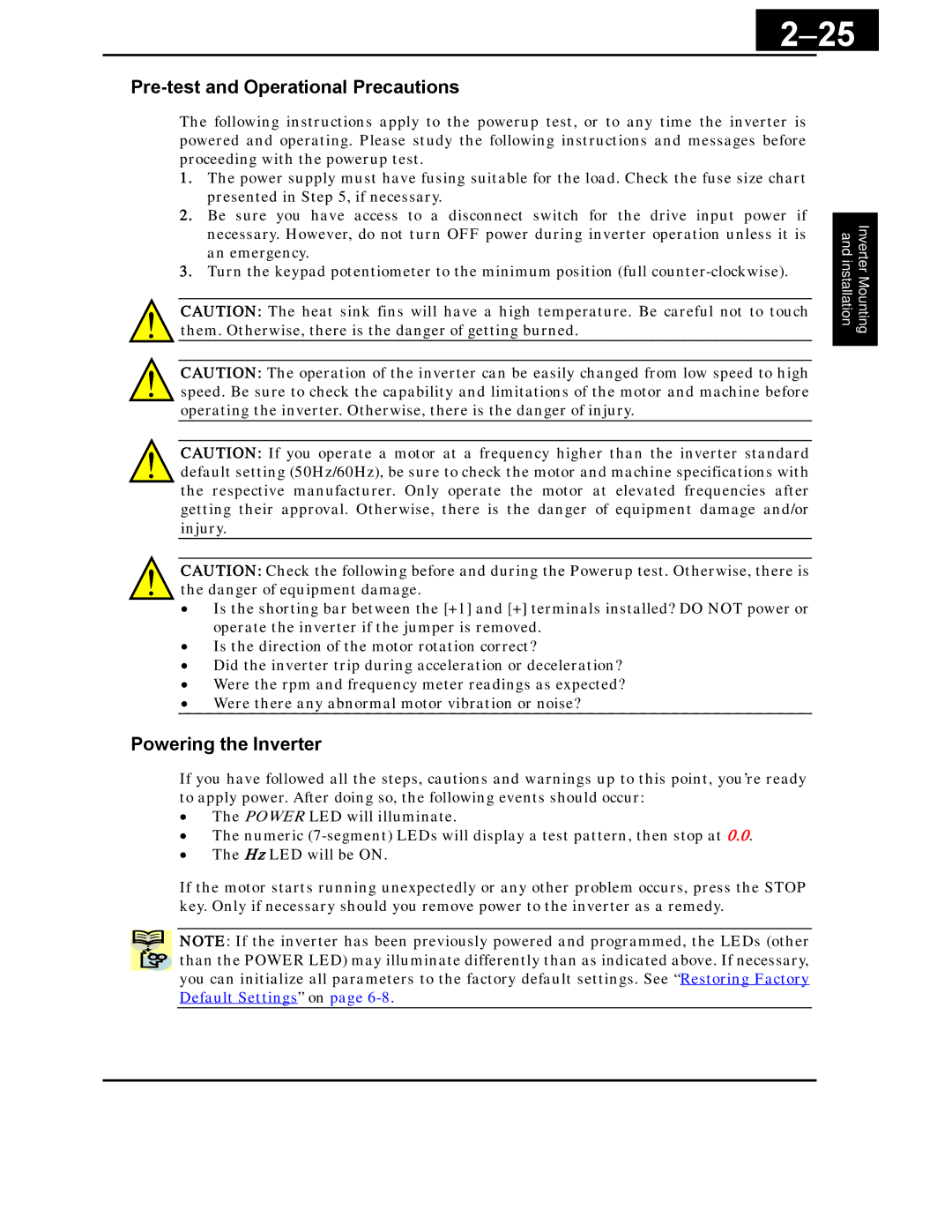 Hitachi X200 Series instruction manual 25, Pre-test and Operational Precautions, Powering the Inverter 