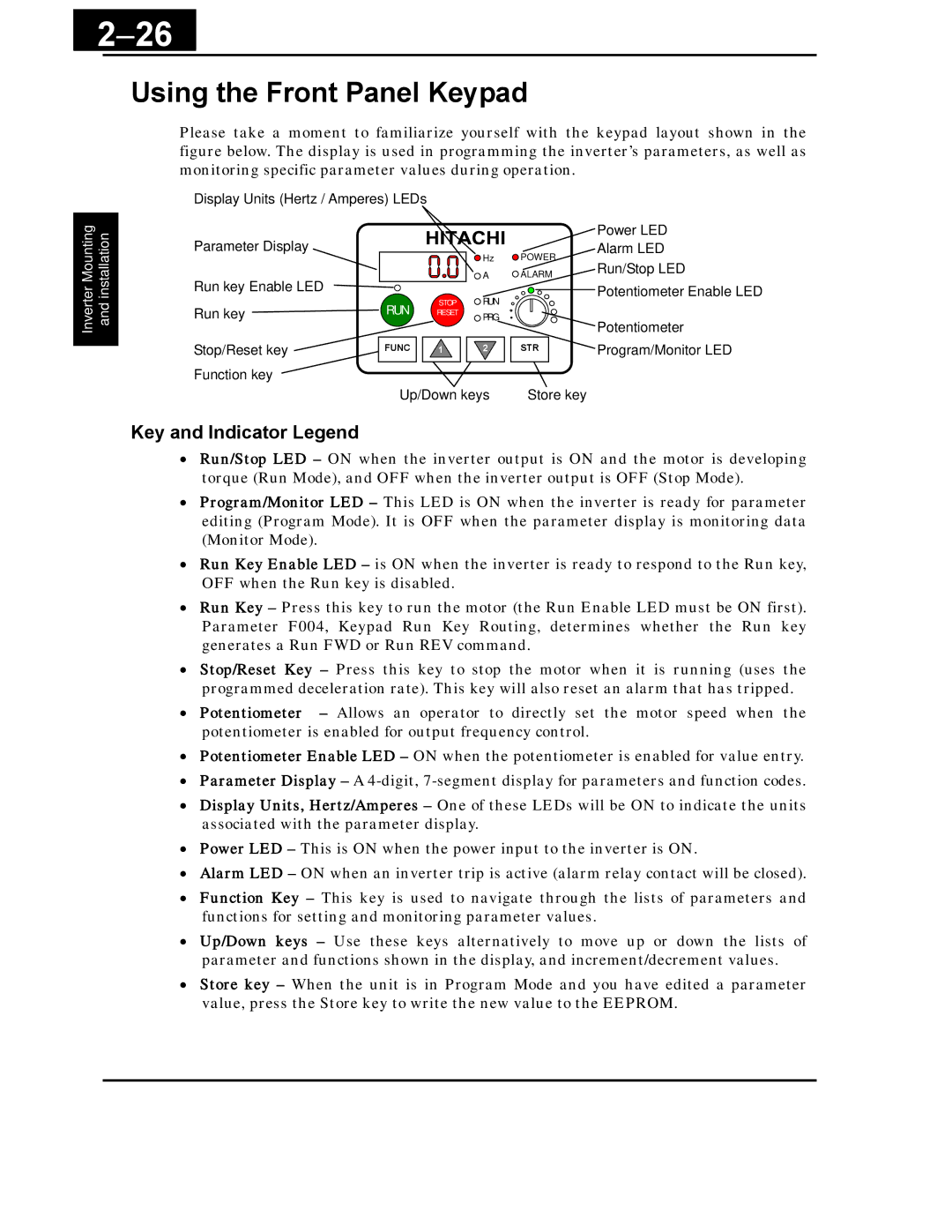 Hitachi X200 Series instruction manual 26, Using the Front Panel Keypad, Key and Indicator Legend 