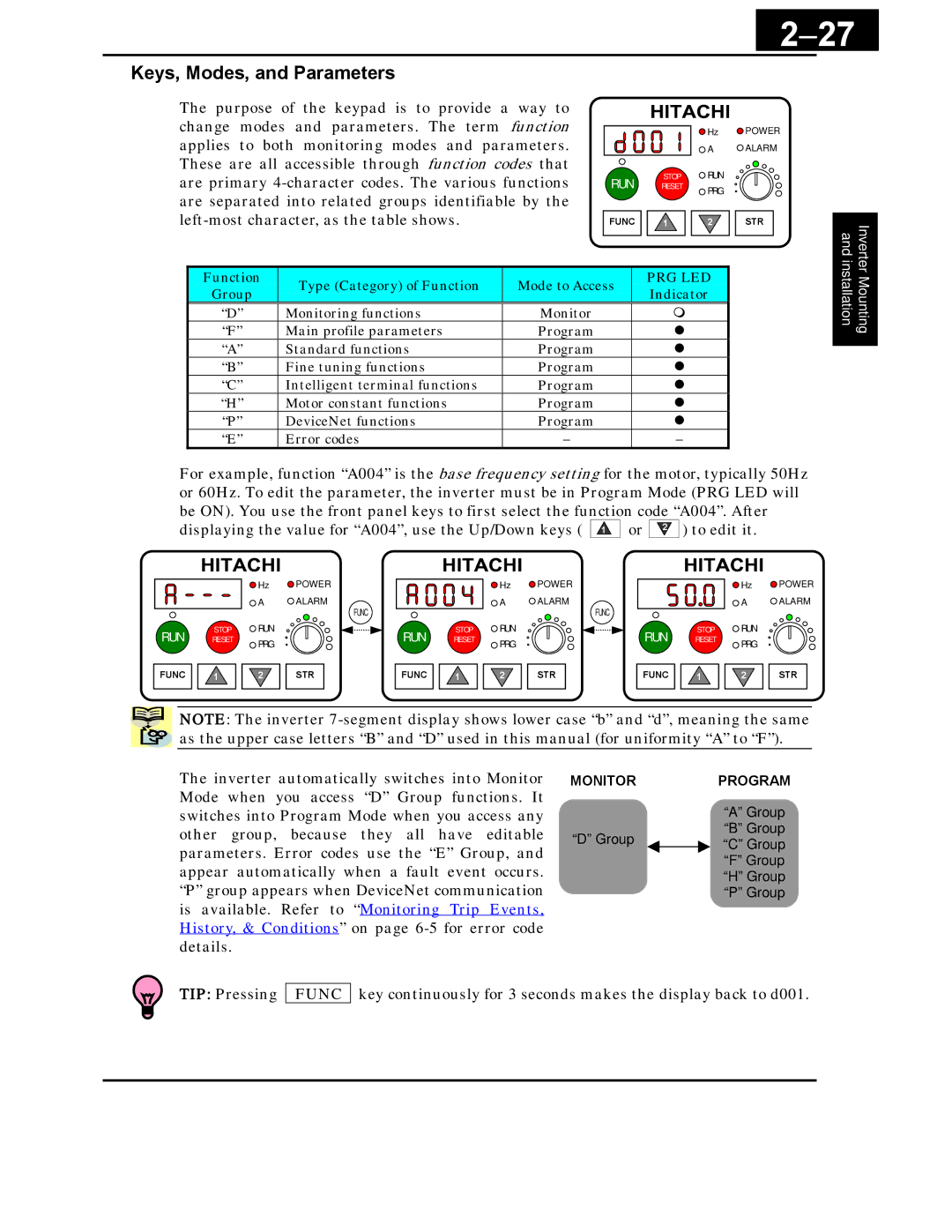 Hitachi X200 Series instruction manual 27, Keys, Modes, and Parameters 