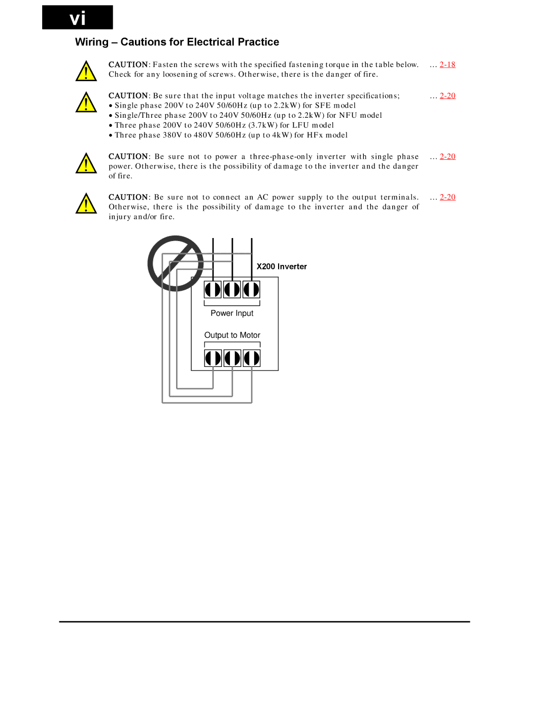 Hitachi X200 Series instruction manual Wiring Cautions for Electrical Practice 