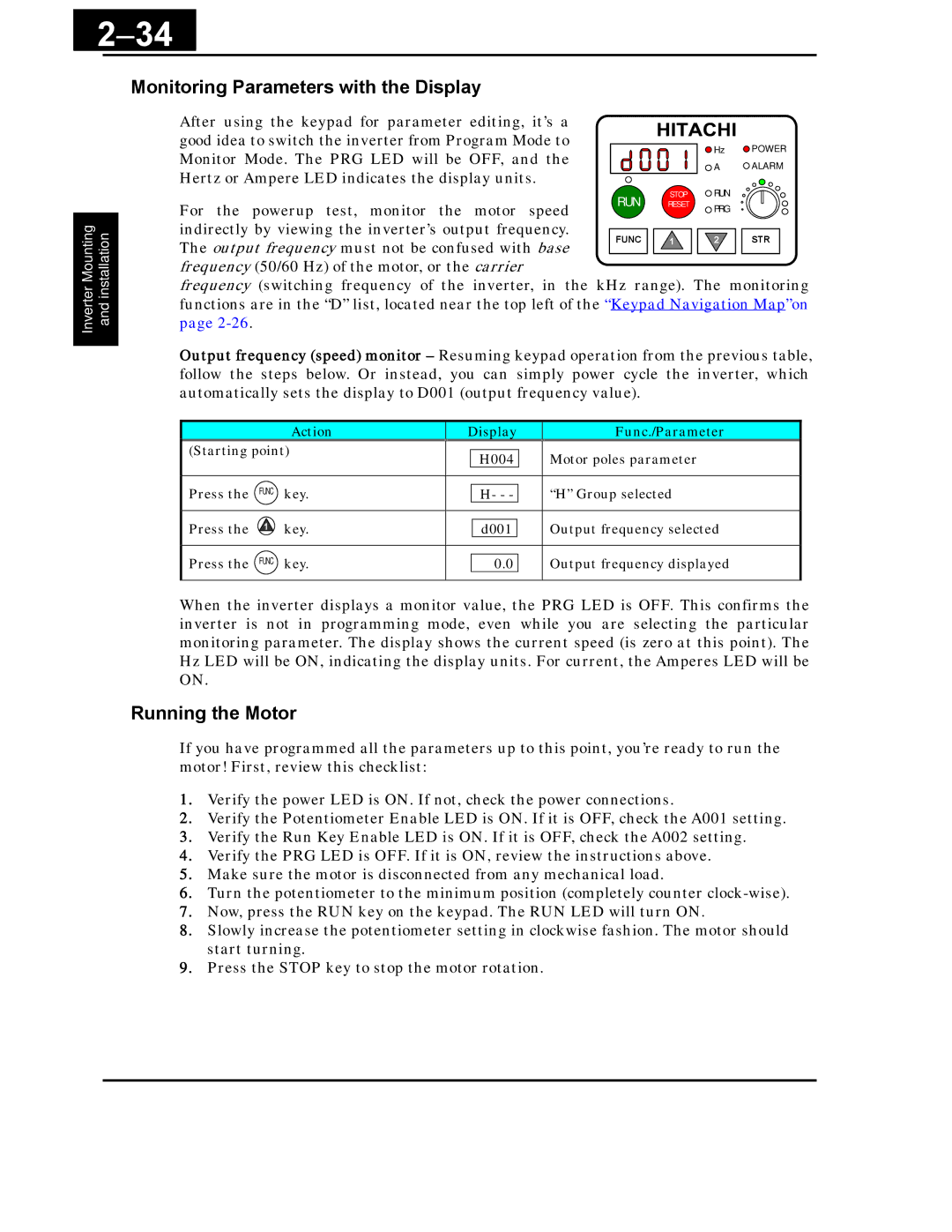 Hitachi X200 Series instruction manual 34, Monitoring Parameters with the Display, Running the Motor 