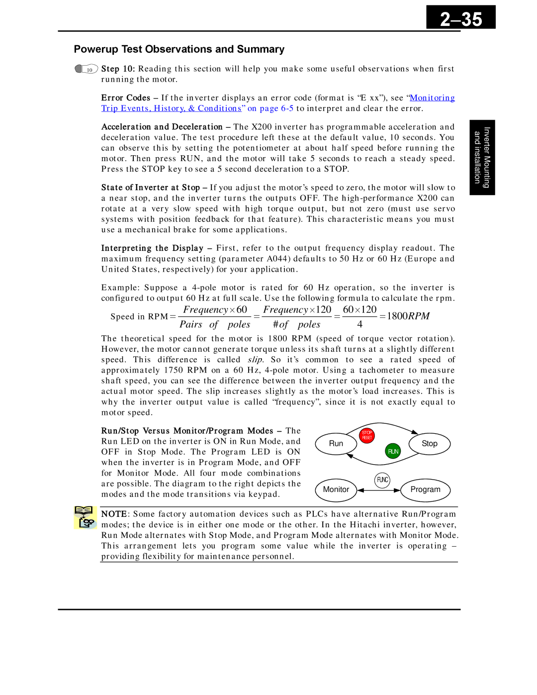 Hitachi X200 Series instruction manual 35, Powerup Test Observations and Summary 