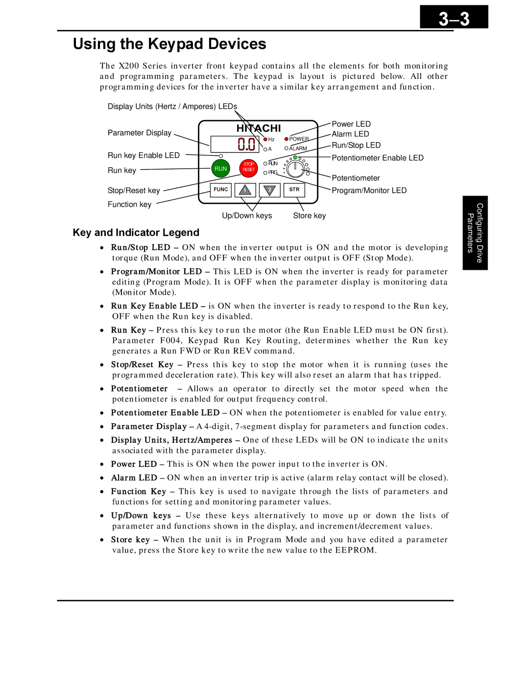 Hitachi X200 Series instruction manual Using the Keypad Devices, Key and Indicator Legend 