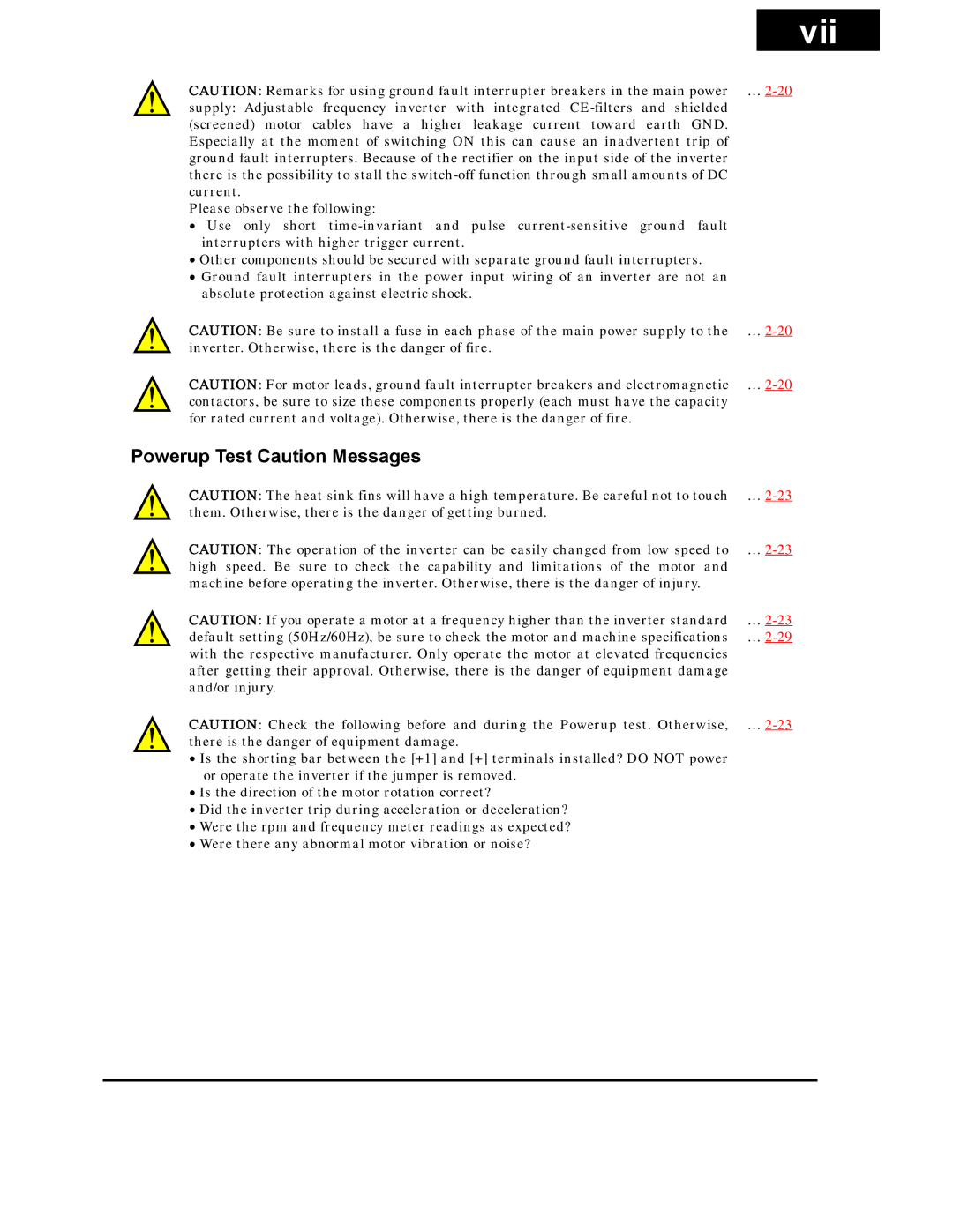 Hitachi X200 Series instruction manual Vii, Powerup Test Caution Messages 