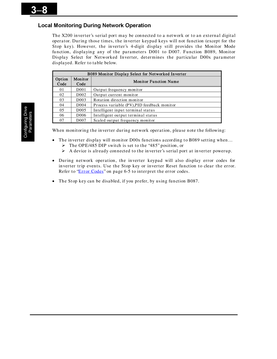 Hitachi X200 Series instruction manual Local Monitoring During Network Operation 