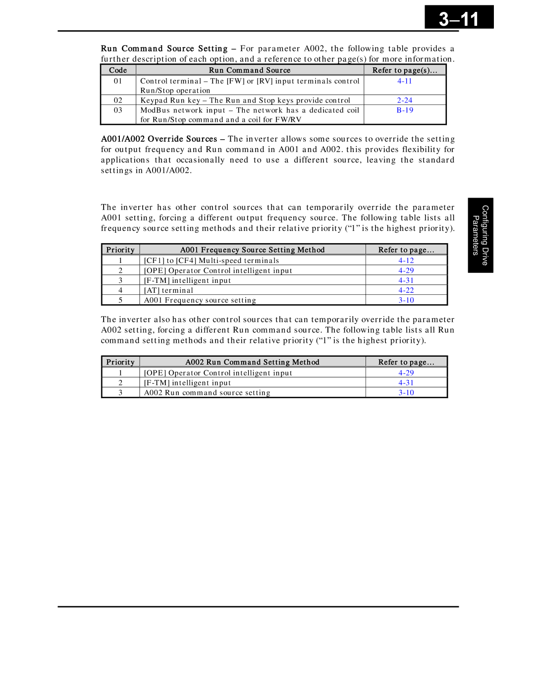 Hitachi X200 Series instruction manual Code Run Command Source, A001 Frequency Source Setting Method Refer to page… 