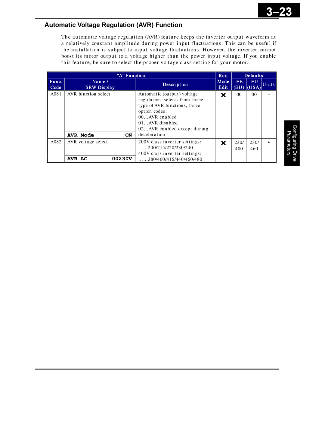 Hitachi X200 Series instruction manual Automatic Voltage Regulation AVR Function, AVR Mode, Avr Ac, 00230V 