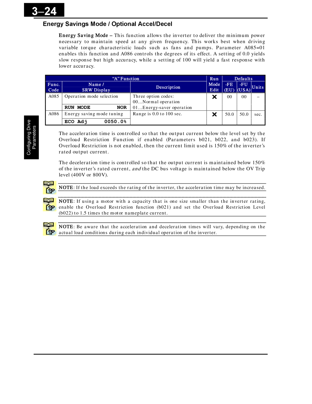 Hitachi X200 Series instruction manual Energy Savings Mode / Optional Accel/Decel, RUN Mode NOR, ECO Adj 0050.0% 