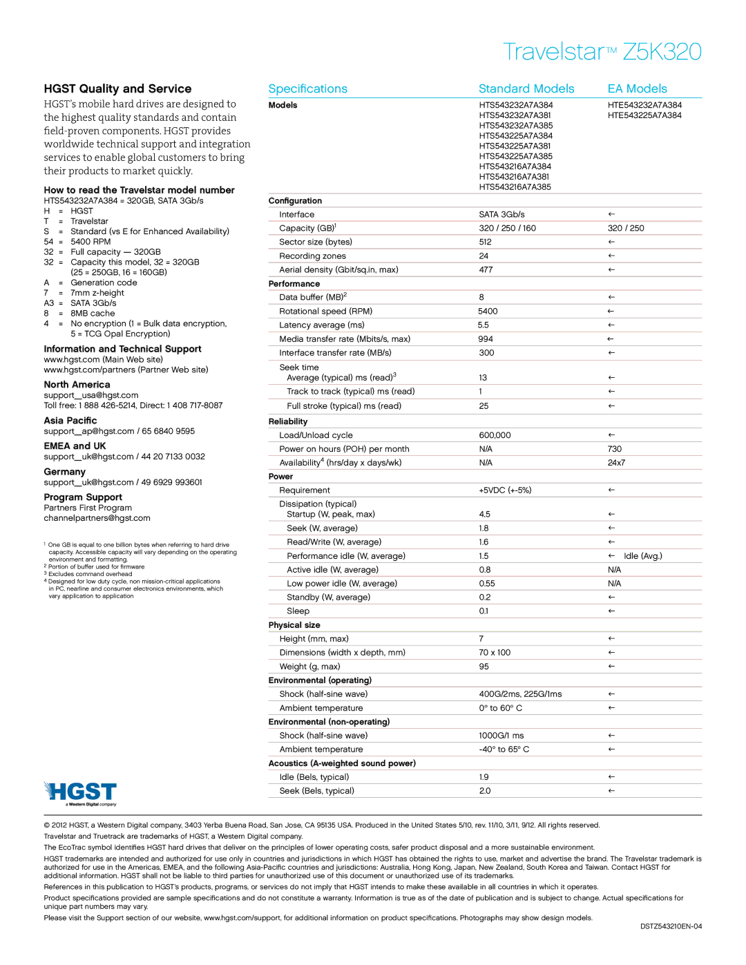 Hitachi HTS542516K9SA00, Z5K320, HTS543225A7A384, 0A78603 Hgst Quality and Service, Specifications Standard Models EA Models 