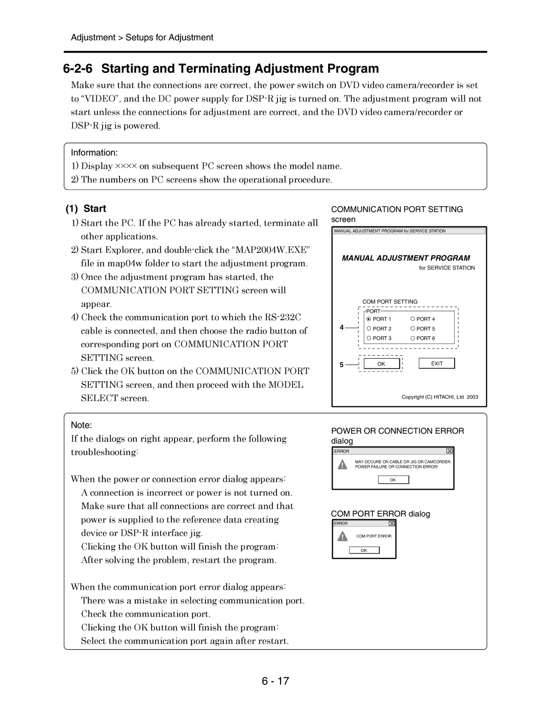 Hitachi service manual Starting and Terminating Adjustment Program, Screen 