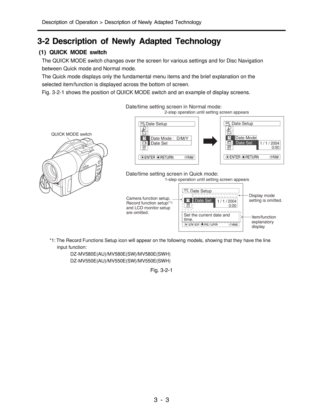 Hitachi service manual Description of Newly Adapted Technology, Quick Mode switch, Date/time setting screen in Normal mode 