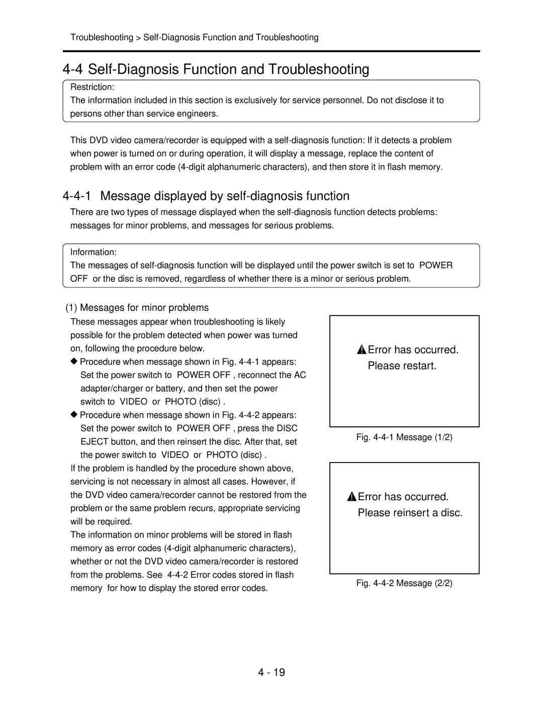 Hitachi service manual Self-Diagnosis Function and Troubleshooting, Message displayed by self-diagnosis function 