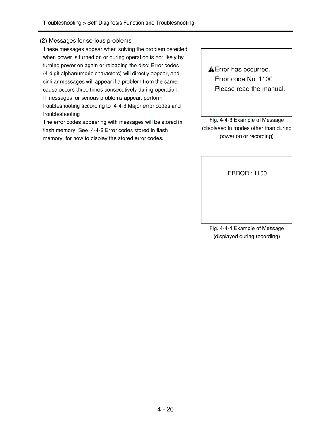 Hitachi service manual Messages for serious problems, Example of Message Displayed during recording 