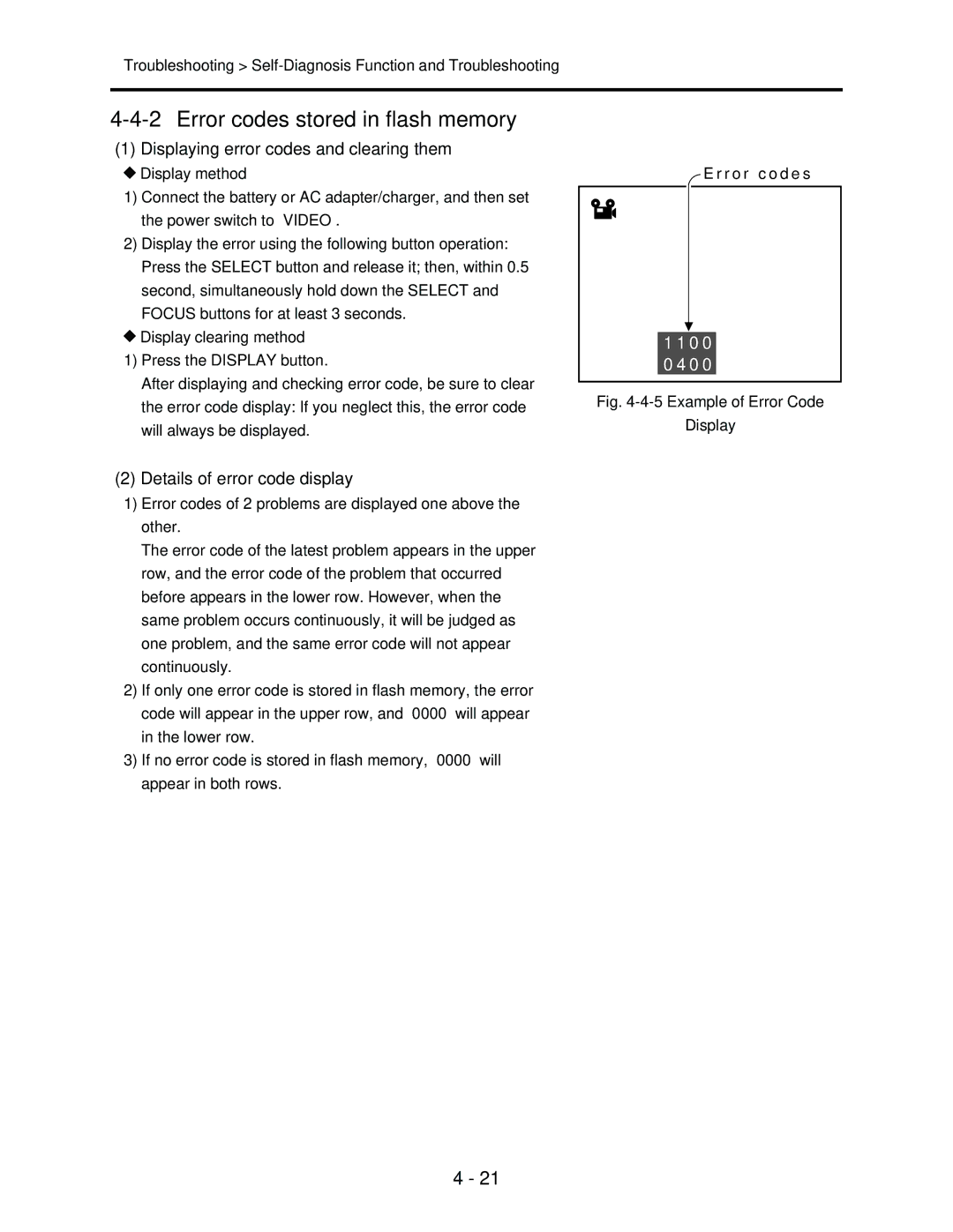 Hitachi Error codes stored in flash memory, Displaying error codes and clearing them, Details of error code display 