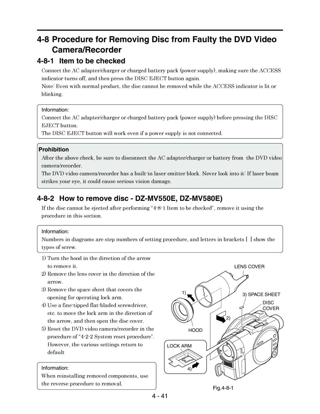 Hitachi service manual Item to be checked, How to remove disc DZ-MV550E, DZ-MV580E 