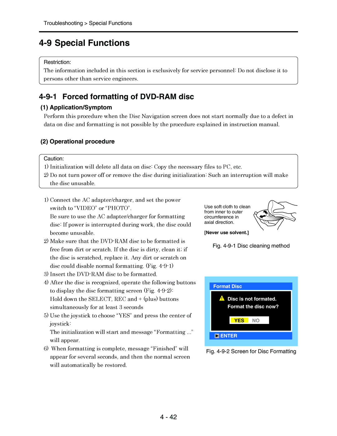 Hitachi service manual Special Functions, Forced formatting of DVD-RAM disc, Application/Symptom Operational procedure 