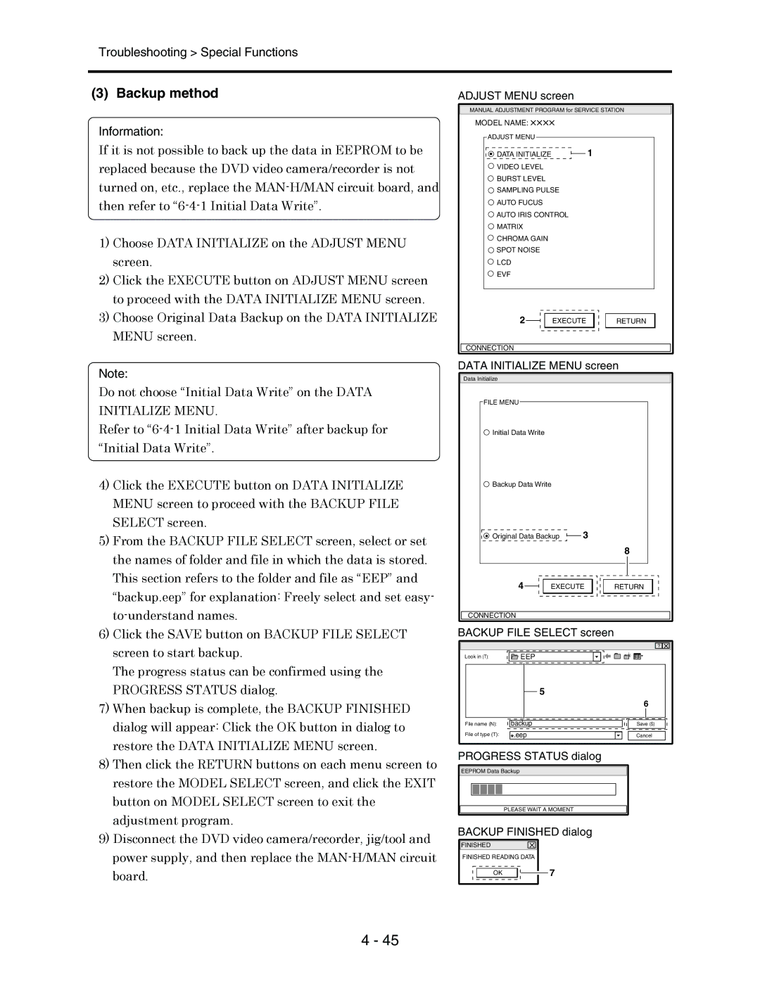 Hitachi service manual Backup method, Adjust Menu screen 