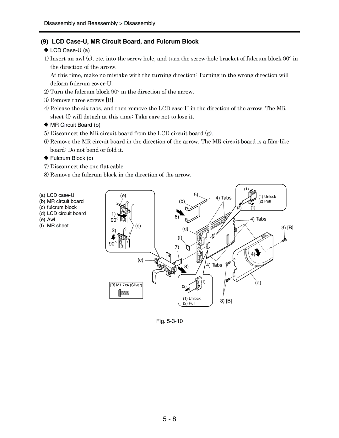 Hitachi service manual LCD Case-U, MR Circuit Board, and Fulcrum Block, LCD Case-U a, MR Circuit Board b, Fulcrum Block c 