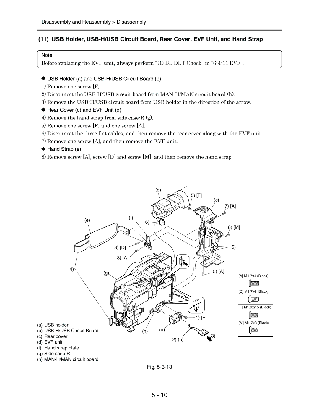 Hitachi service manual USB Holder a and USB-H/USB Circuit Board b, Rear Cover c and EVF Unit d, Hand Strap e 