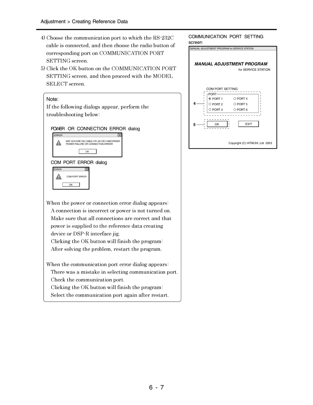 Hitachi service manual Power or Connection Error dialog 