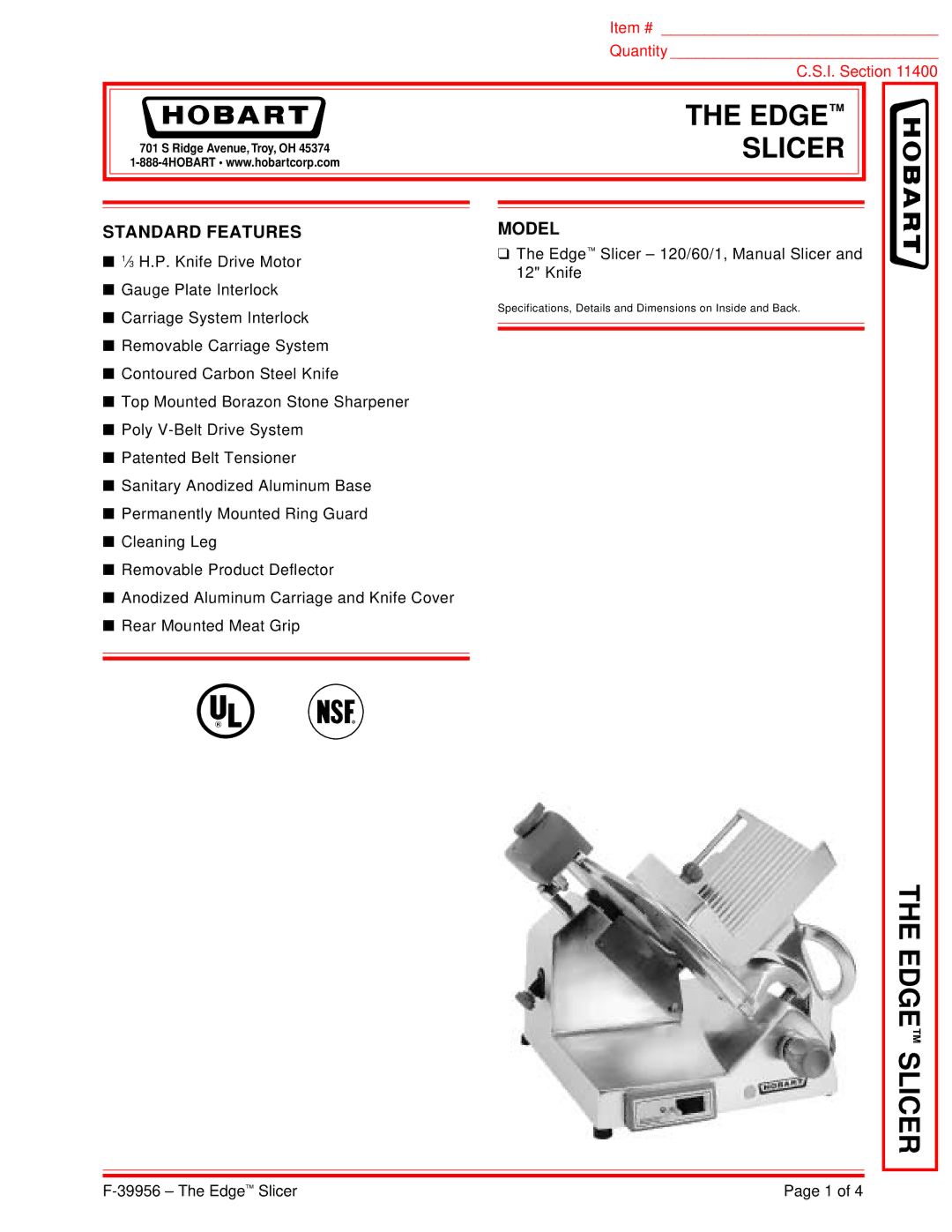 Hobart 120/60/1 specifications Edge, Slicer, Standard Features, Model 