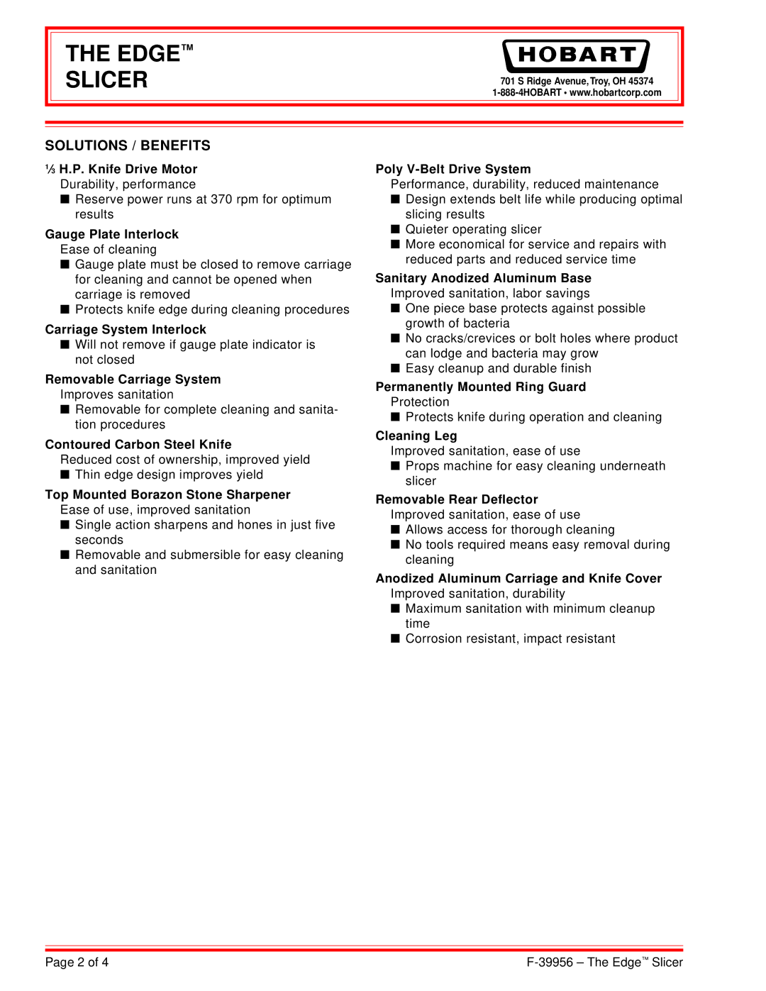 Hobart 120/60/1 specifications Edge Slicer, Solutions / Benefits 