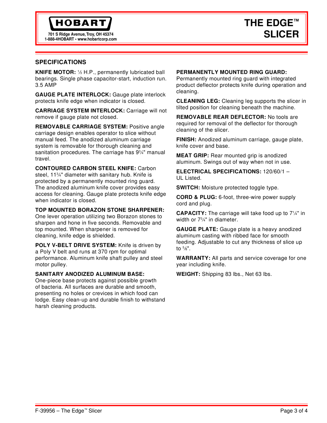 Hobart 120/60/1 specifications Edge Slicer, Specifications 