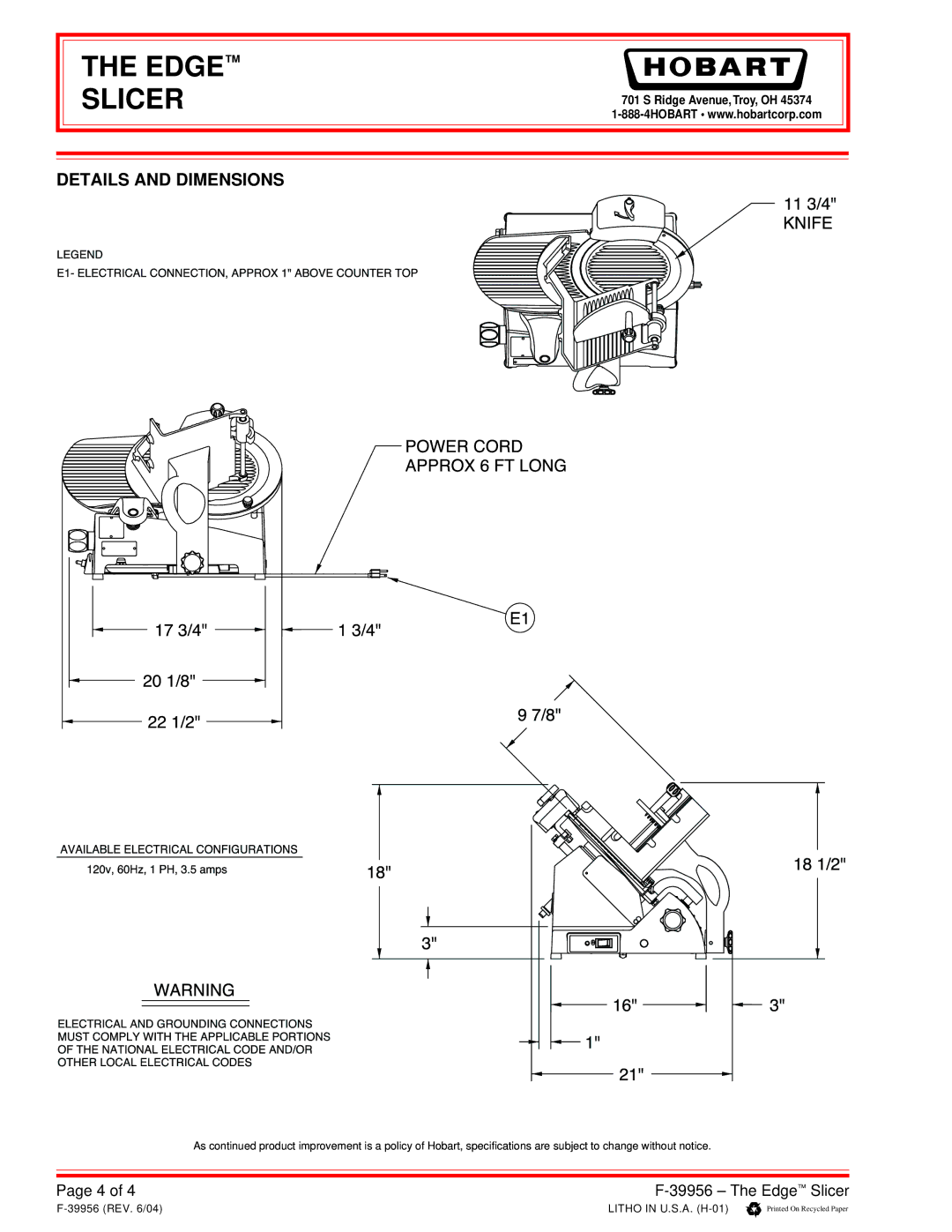 Hobart 120/60/1 specifications Details and Dimensions 