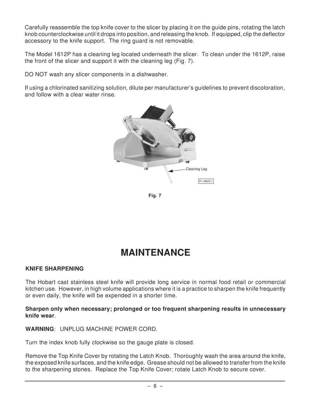 Hobart 1612P manual Maintenance, Knife Sharpening 