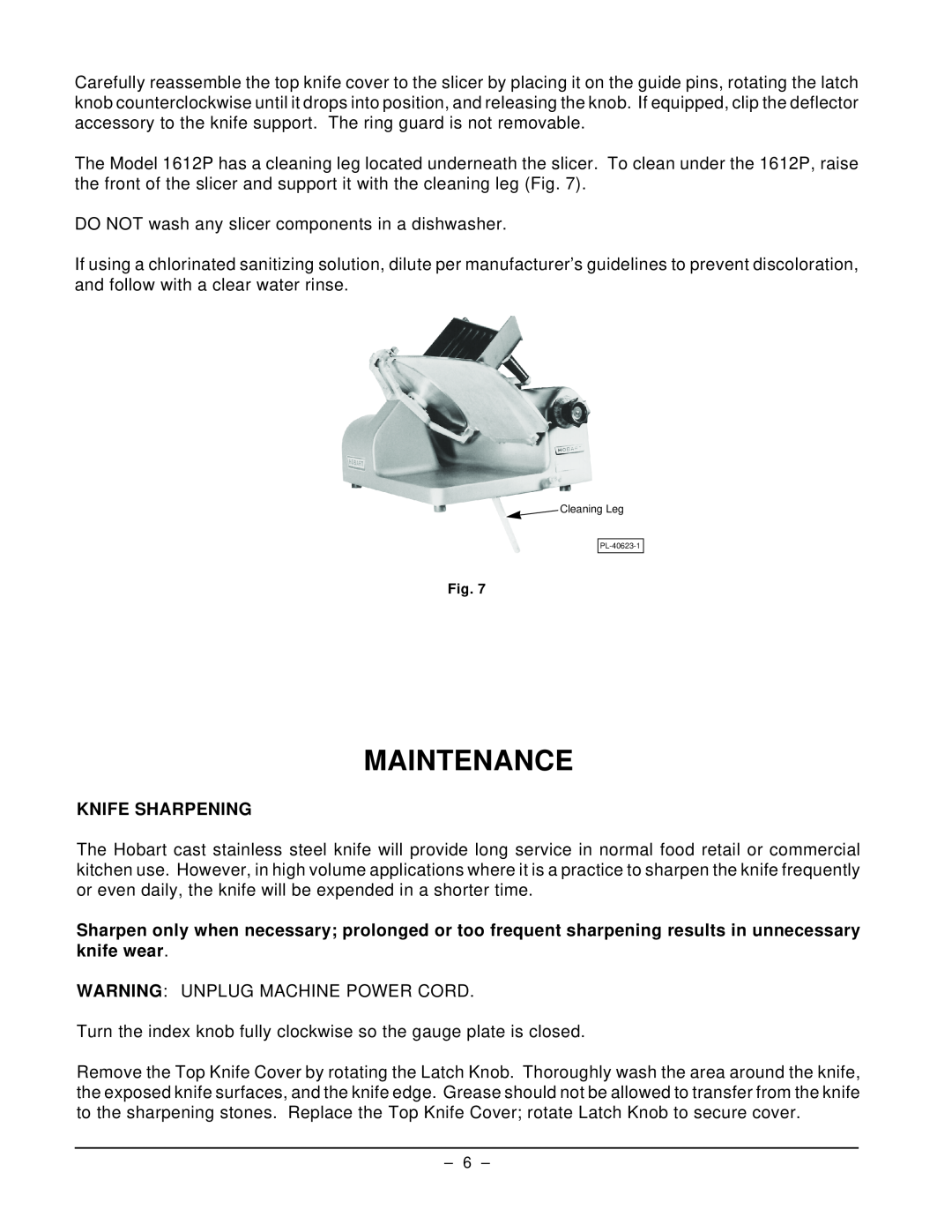 Hobart 1612P manual Maintenance, Knife Sharpening 