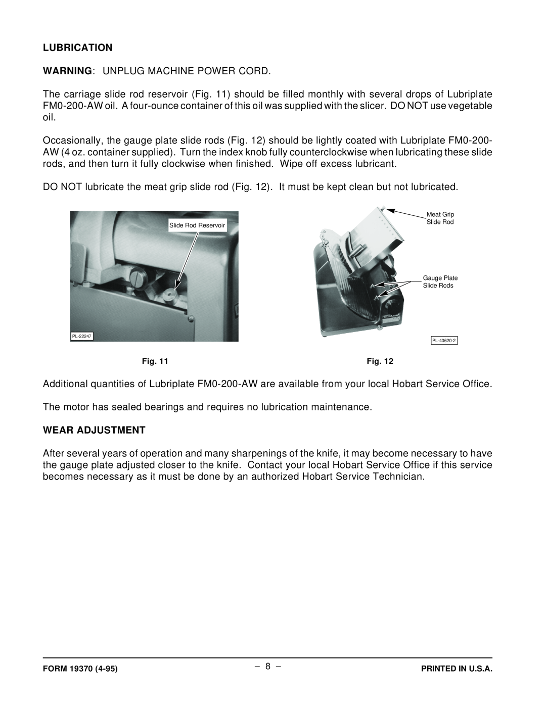 Hobart 1612P manual Lubrication, Wear Adjustment 