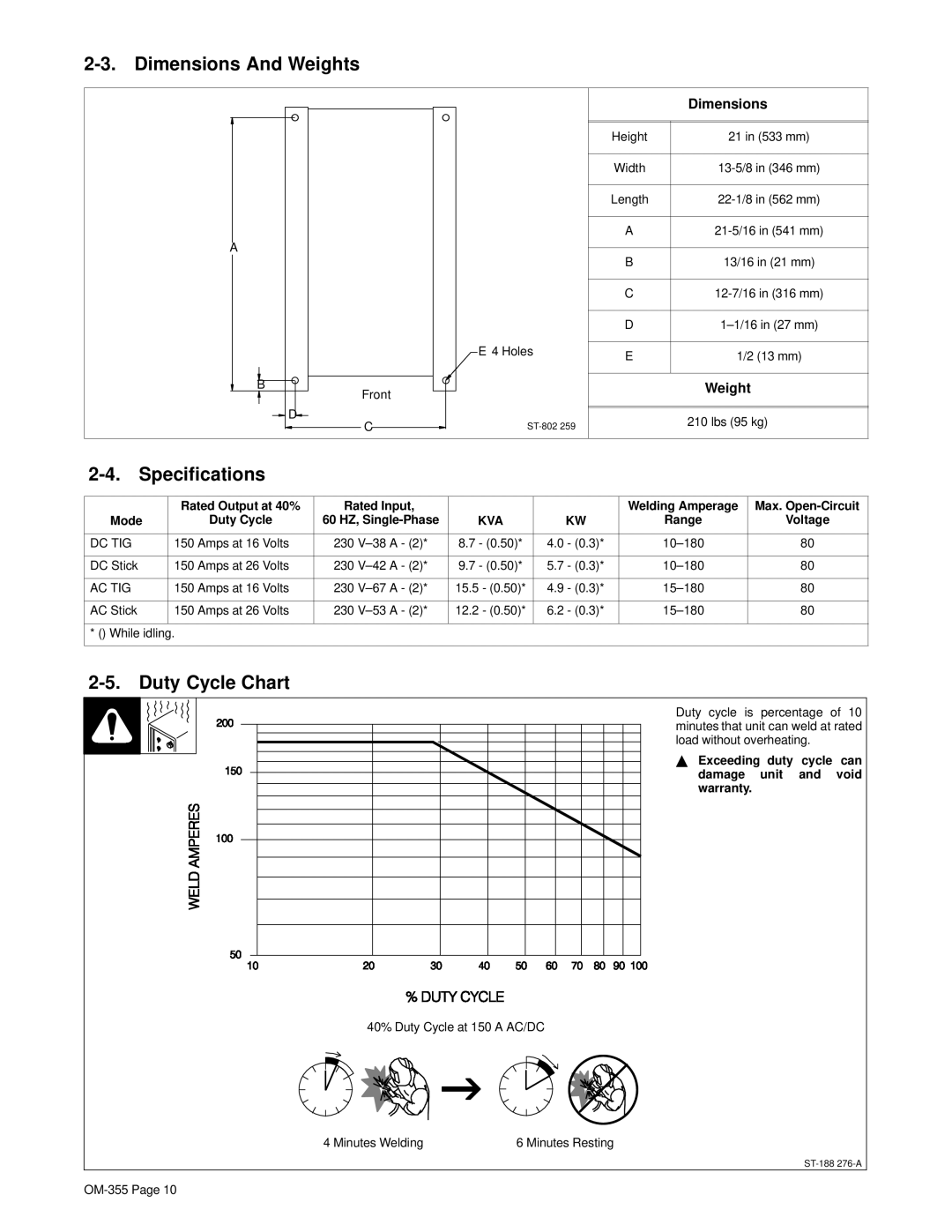 Hobart 180 SD manual Dimensions And Weights, Specifications, Duty Cycle Chart 