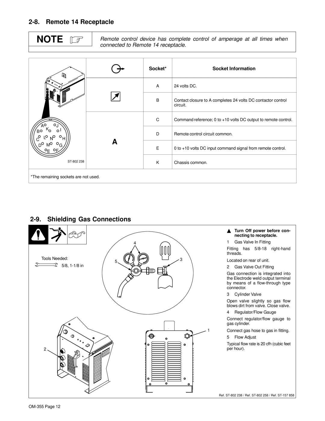 Hobart 180 SD manual Remote 14 Receptacle, Shielding Gas Connections, Socket, Necting to receptacle 