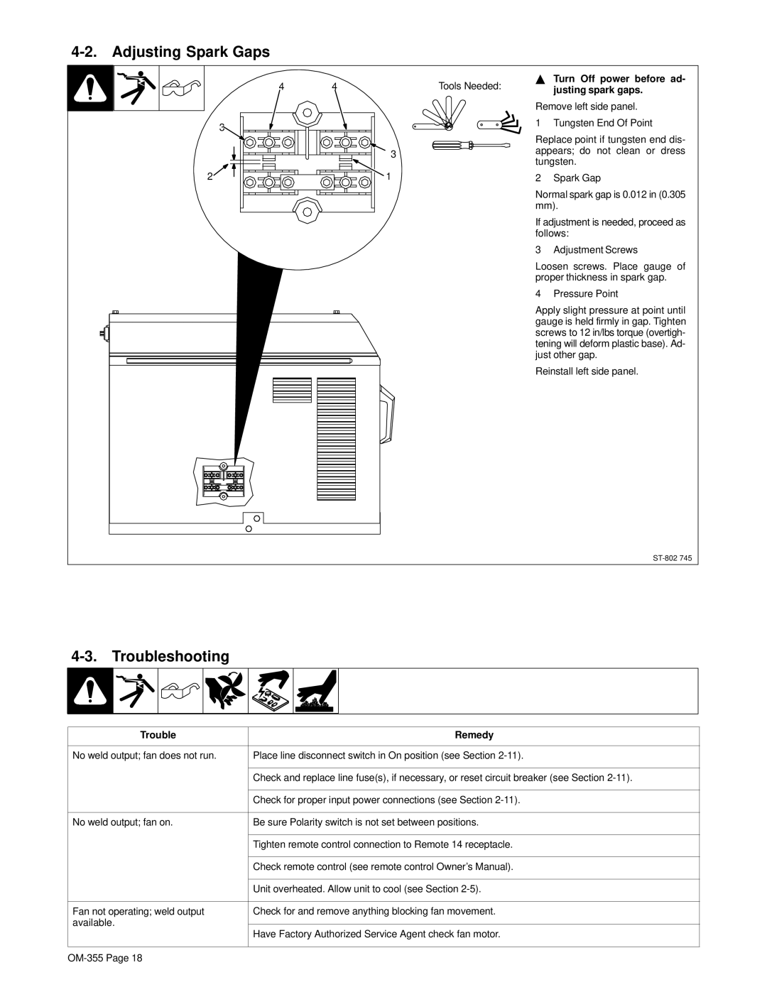 Hobart 180 SD manual Adjusting Spark Gaps, Troubleshooting, Turn Off power before ad, Justing spark gaps, Trouble Remedy 