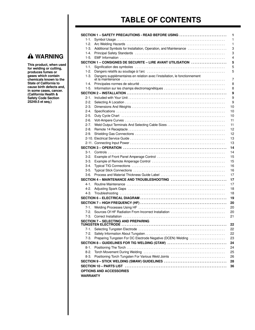 Hobart 180 SD manual Table of Contents 