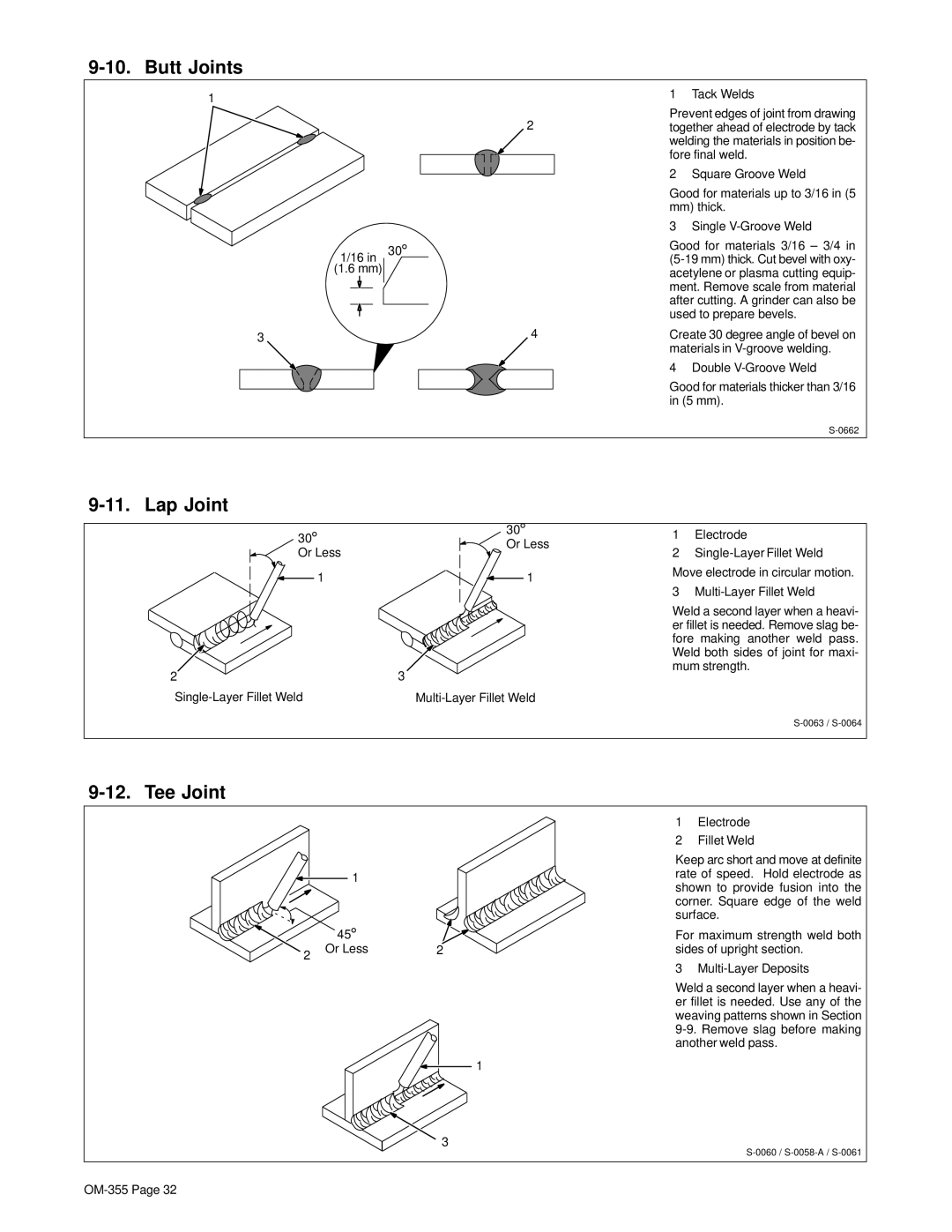 Hobart 180 SD manual Butt Joints, Lap Joint, Tee Joint, 16 in 1.6 mm Tack Welds, Or Less 