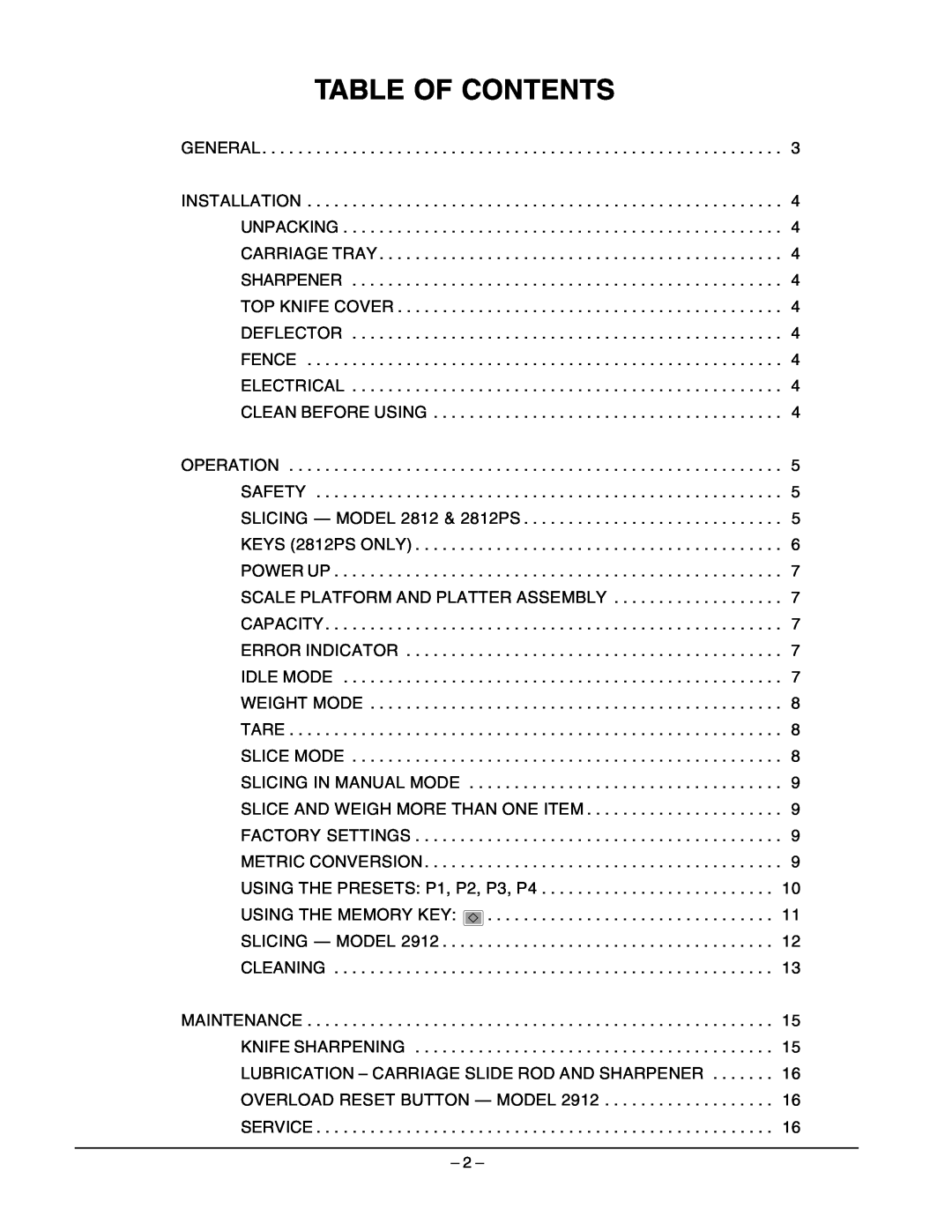 Hobart 2812 manual Table Of Contents, General 
