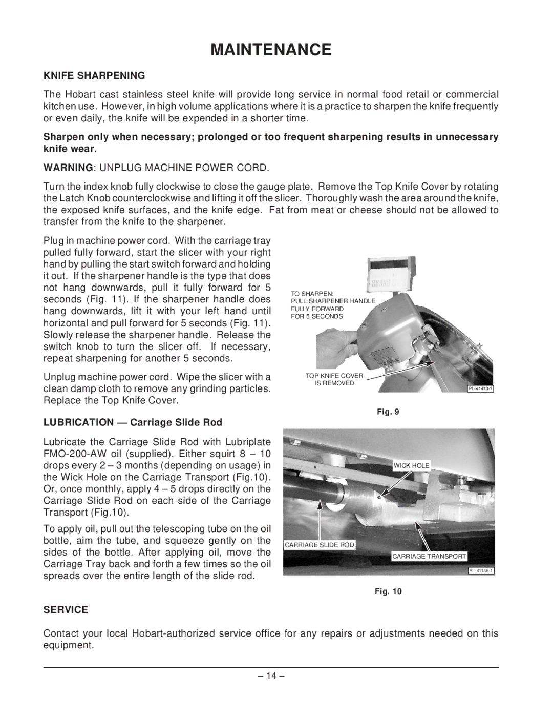 Hobart 2812PS manual Maintenance, Knife Sharpening, Lubrication Carriage Slide Rod, Service 