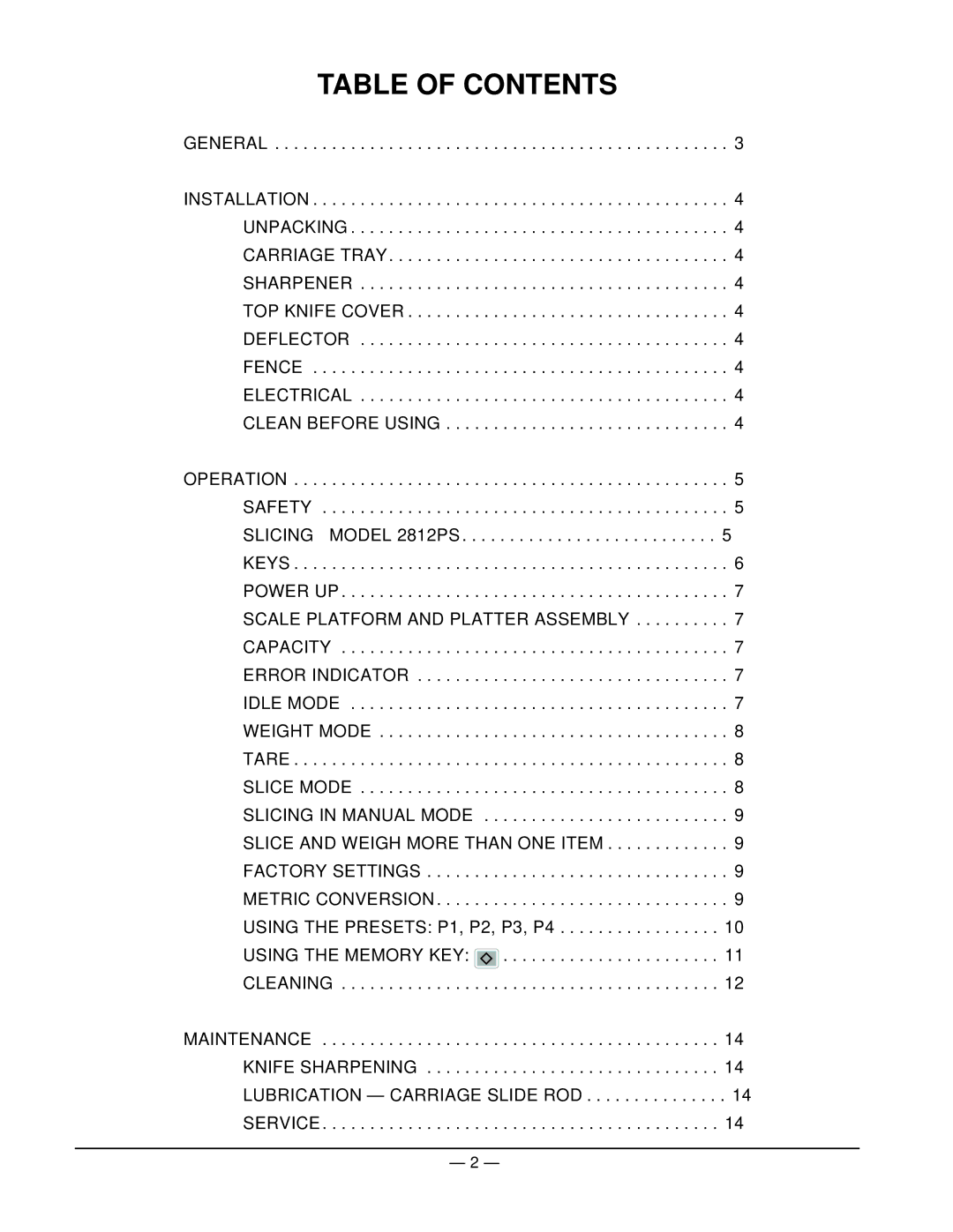 Hobart 2812PS manual Table of Contents 