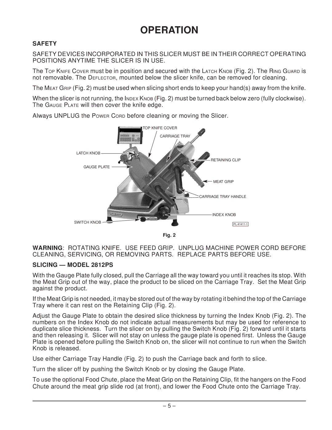 Hobart manual Operation, Safety, Slicing Model 2812PS 