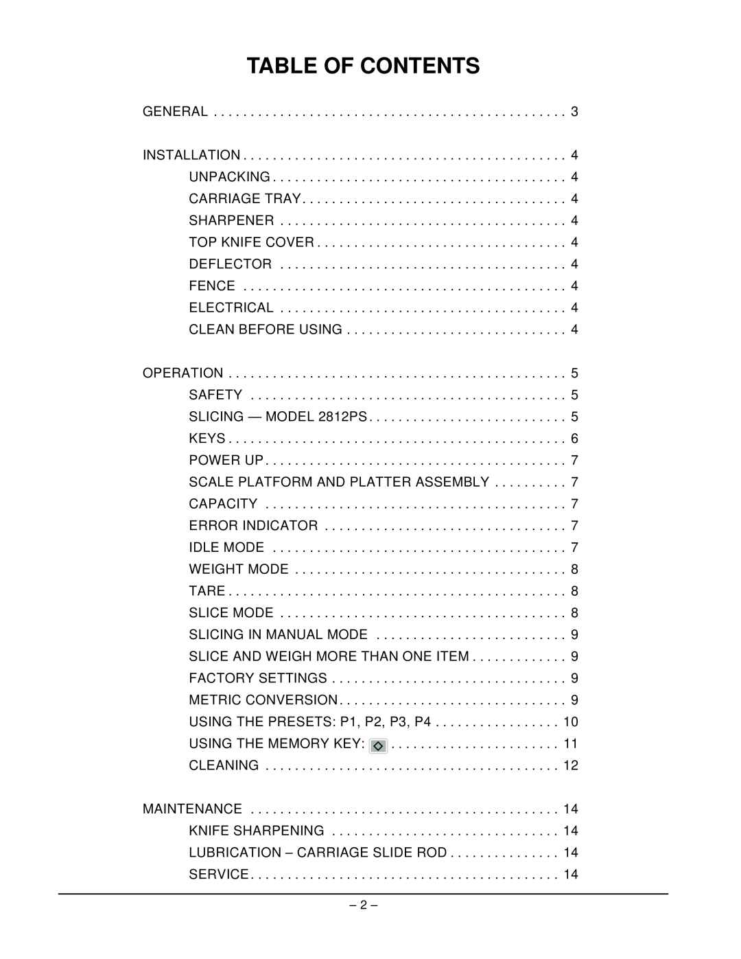 Hobart 2812PS manual Table Of Contents 