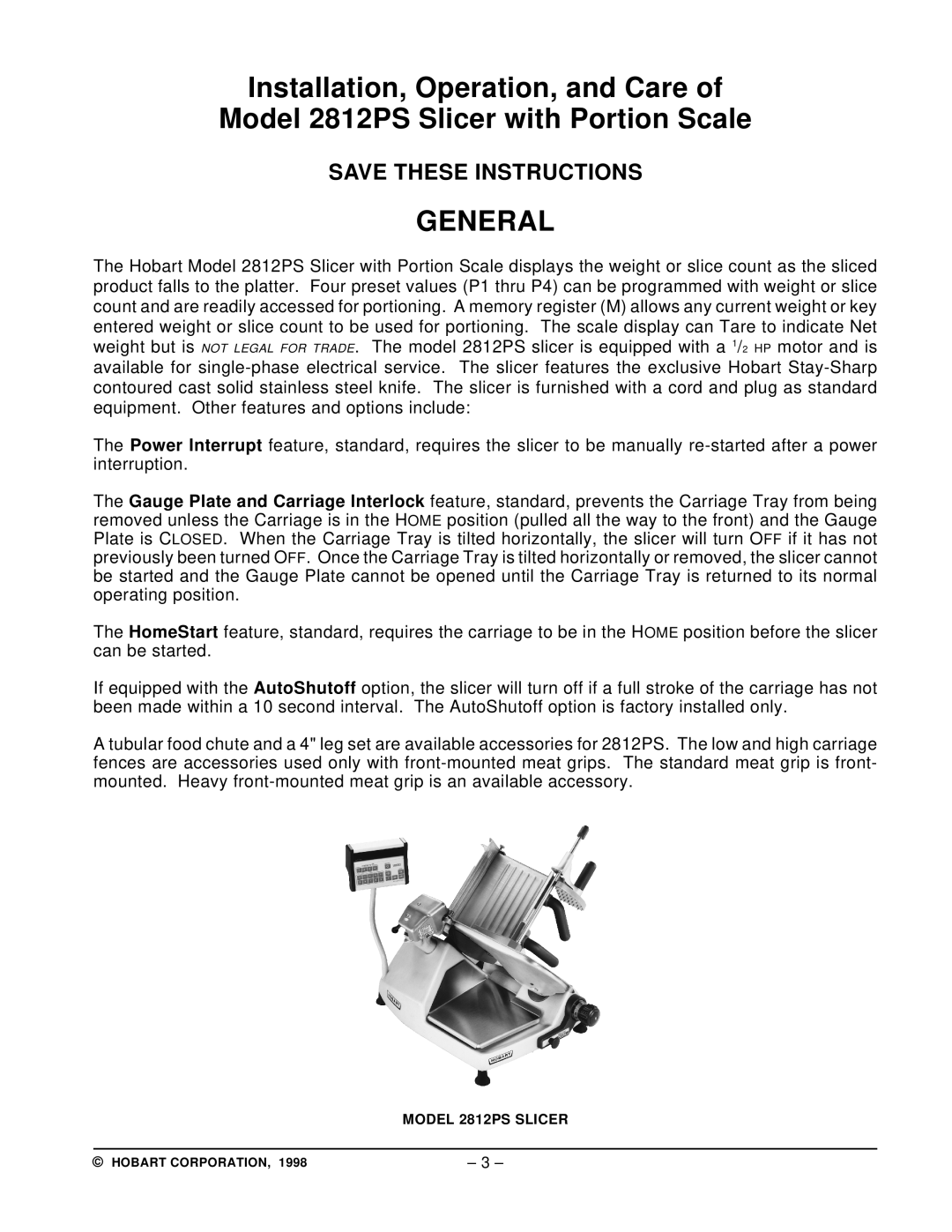 Hobart Installation, Operation, and Care of, Model 2812PS Slicer with Portion Scale, General, Save These Instructions 