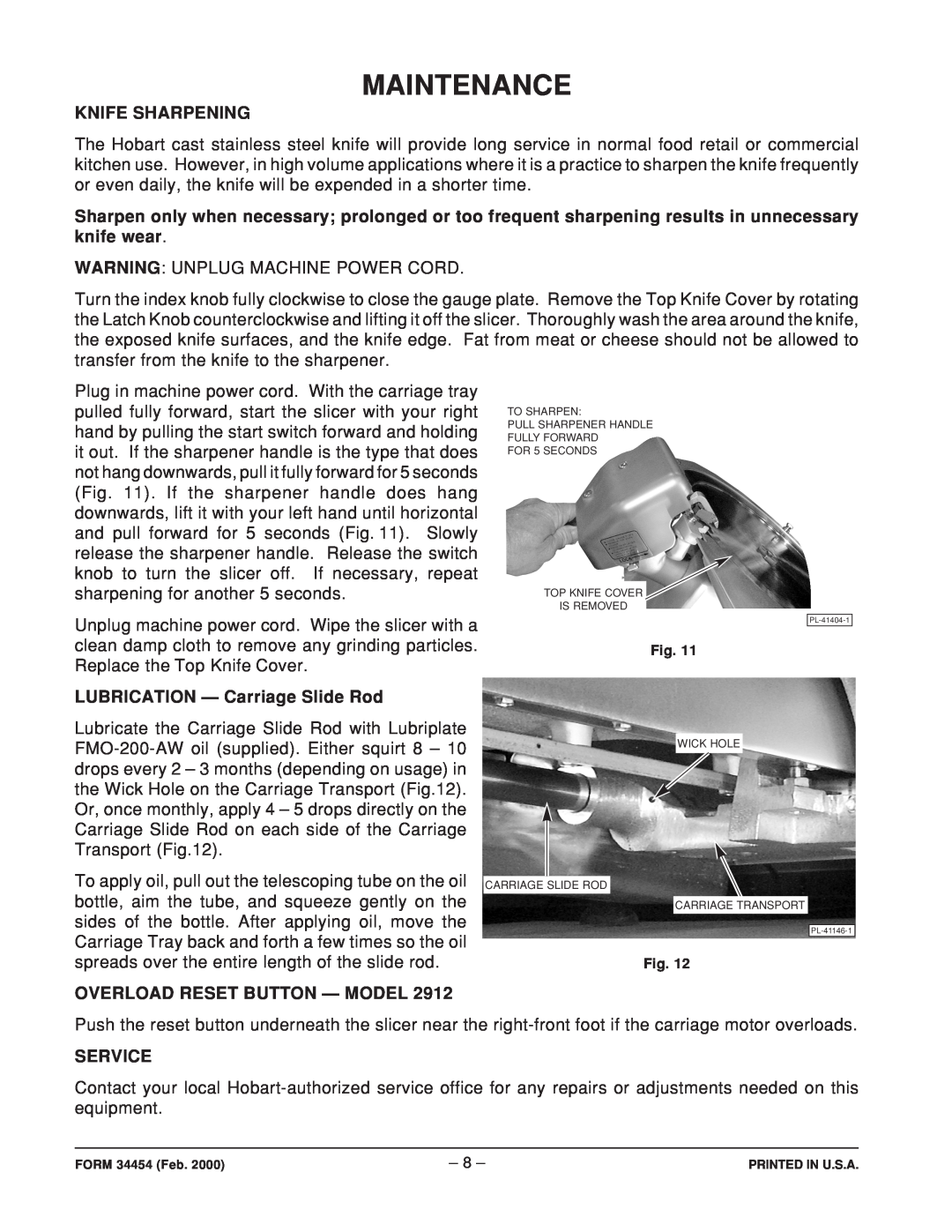 Hobart 2912 ML-104963 manual Maintenance, Knife Sharpening, LUBRICATION - Carriage Slide Rod, Overload Reset Button - Model 