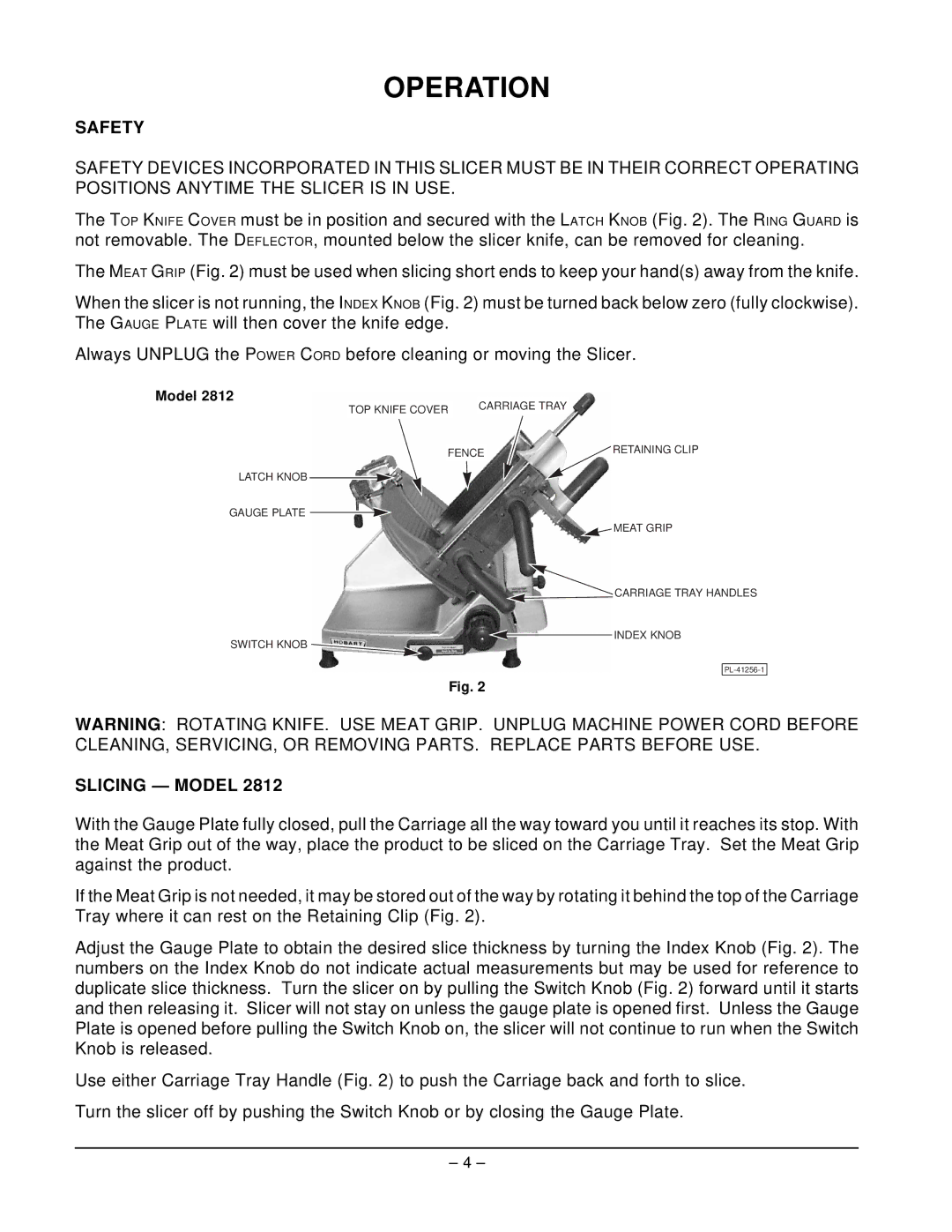 Hobart 2912 manual Operation, Safety, Slicing Model 